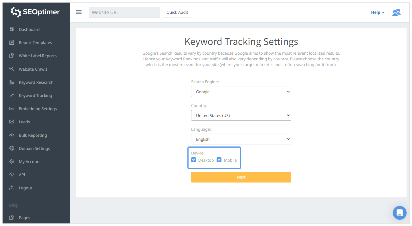 SEOptimer keyword tracker setup